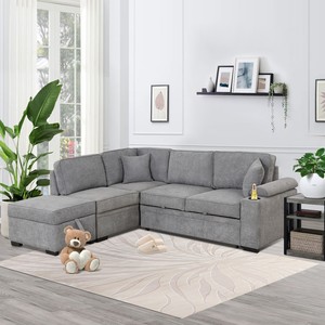 Modern Three Seat Fabric Convertible <b>Sofa</b> <b>Bed</b> Pull-Out Function 2-in-1 L-Shape <b>Storage</b> Ottoman Villa Living Room Bedroom Hotel - Product Image 1