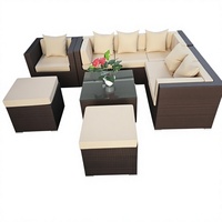 Ensemble de canapé sectionnel en rotin PE tressé en forme de L avec fauteuil, 2 ottomanes et table basse en verre, coussins beiges, pour l'extérieur