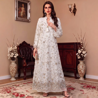 Abaya pour femmes musulmanes, col en V, manches longues, broderie florale à sequins, design à franges, polyester, élégante, modeste, coupe ample, robe maxi
