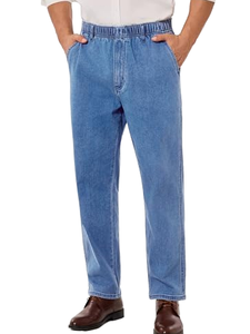 Men's Plus Size Straight Fit <b>Elastic</b> <b>Waist</b> Denim <b>Jeans</b> Regular Wash Solid Color Casual Midweight Cotton Pants - Product Image 1