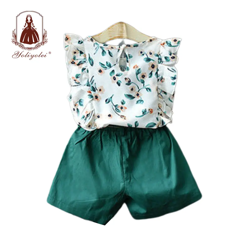 Nouveaux achats en ligne Boutique en ligne haut à volants et Short vert bébé fille vêtements ensembles courts pour enfants