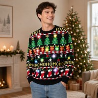 Pull de Noël moche à LED FNJIA en gros pour hommes, tricot jacquard, pull de fête en nylon acrylique, personnalisable OEM