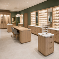 Vitrine de présentation personnalisée pour montures de lunettes avec niches murales éclairées, panneaux miroirs et armoires à tiroirs
