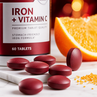 Suplemen Zat Besi 65mg dengan Vitamin C 250mg, Pil Zat Besi Ramah Lambung untuk Mendukung Sel Darah Merah & Imunitas 60 Tablet