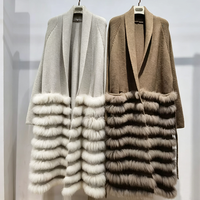 Cardigan long en tricot pour femme, élégant, pour l'hiver et l'automne, style streetwear, avec patchwork en fourrure de renard véritable, design ample