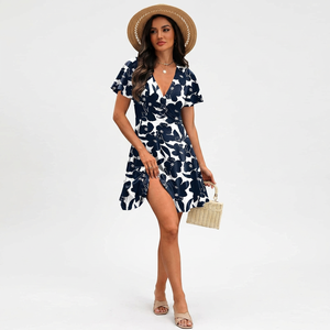 Vestido de verano para mujer, de punto, liso, con cuello en V, manga 3/4, cintura alta, largo hasta la rodilla, con abertura asimétrica en el bajo y estilo cruzado, para ocio de verano - Product Image 1