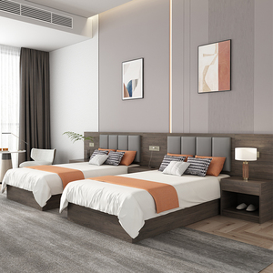 Suite <span class=keywords><strong>de</strong></span> <span class=keywords><strong>lit</strong></span> double en bois gris pour hôtel, avec tête <span class=keywords><strong>de</strong></span> <span class=keywords><strong>lit</strong></span> rembourrée à quatre compartiments, rangement intégré et rainures verticales lumineuses - Product Image 1