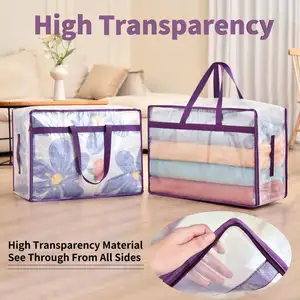 Grands sacs de rangement transparents pour couvertures avec poignées à glissière Sac de rangement pour couette Rangement de literie en plastique portable pour vêtements