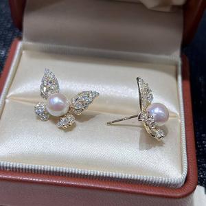 Boucles d'oreilles papillon en perles Akoya, 7-8mm, rondes, en argent 925, avec accents de cristal, bijoux de mariage pour femmes - Product Image 2