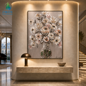 Quadro Personalizzato Grande Formato Dipinto a Mano su Tela Acrilica <span class=keywords><strong>con</strong></span> Intarsi in Pietra Naturale Vaso e <span class=keywords><strong>Fiori</strong></span> Bianco Rosso Arte Murale - Product Image 1