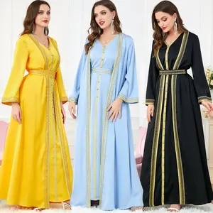 Conjunto de 2 piezas de alta calidad de manga larga para mujer musulmana, vestido de noche Maxi de satén abaya para Fiesta de Primavera