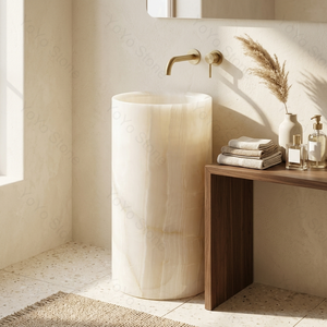 Lavabo a colonna in onice bianco naturale per illuminazione all'ingrosso, lavabo di lusso in onice autoportante per bagno di villa - Product Image 1