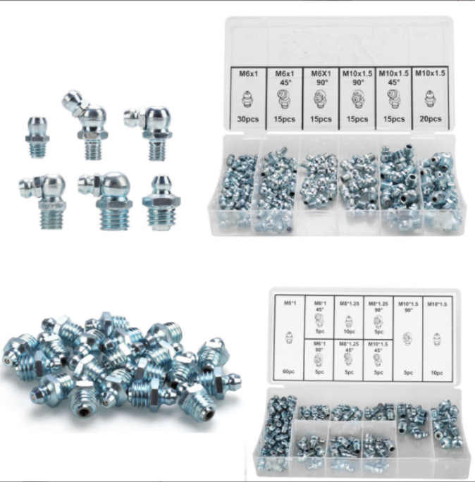 Kit 100 Nippli Ingrassatori Conici Zincati - M6 M8 M10 Dritti 45° E 90°