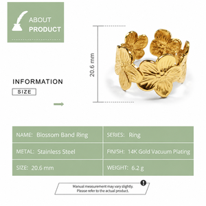 Blossom Stainless Steel <b>Adjustable</b> <b>Ring</b> 14K Gold Vacuum Plated Wide Floral Band Gold and <b>Silver</b> Colors - Product Image 4