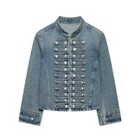 Veste Courte en Jean pour Femme 2026, Col Montant, Multi-Boutons Métalliques, Manches Longues, Manteau Court Tendance