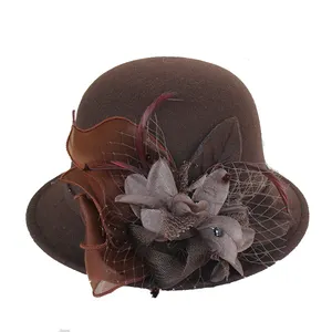 2020 brown Wool Vintage Felt Cloche Bucket Bowler Hat Winter Women Church Bowler Hats