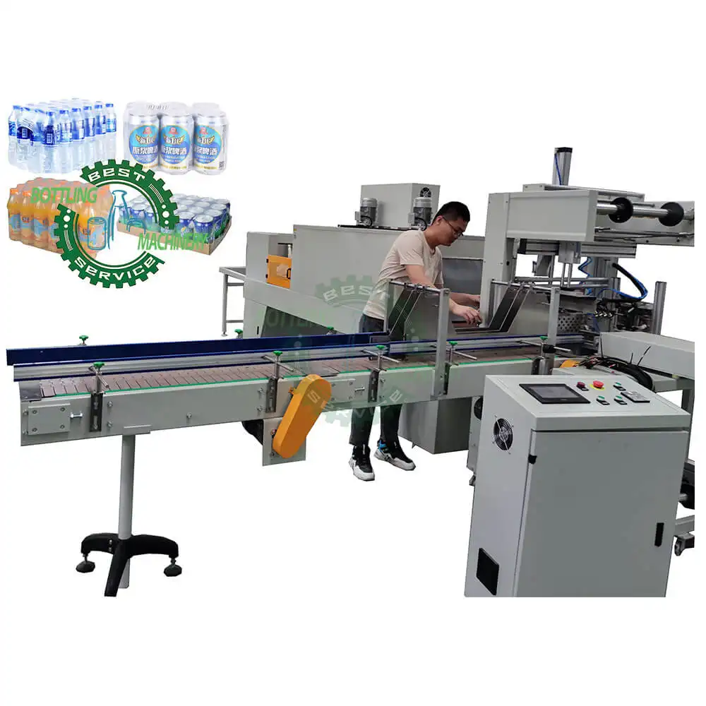Automatische 10 Packungen pro Minute Wasser Öl Saft Plastik flasche Stretch folie Roll Schrumpf verpackungs maschinen Linie Ausrüstung system