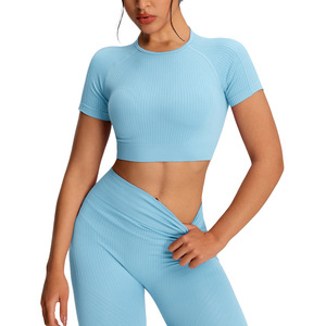 Sin costuras Adecuado para mujeres Deportes al aire libre Cintura alta Levantamiento de cadera Pantalones de yoga Top Manga corta Conjunto de fitness - Product Image 1