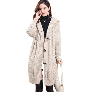 Wholesale thick ladies plus size chunky long sweaters vintage loose maxi cardigan cable knit wool sweater for women
