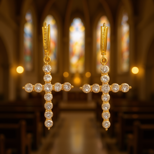 Pendientes colgantes de cruz de oro E3567 con circonita redonda engastada para mujer, joyería religiosa de moda. - Product Image 2