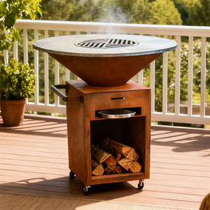 Barbecue de table moderne en acier Corten, foyer extérieur sur chariot, finition mate, design rond - Product Image 2
