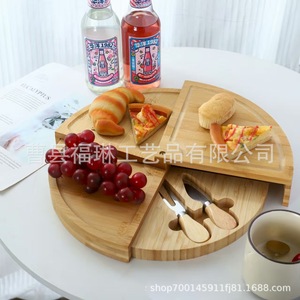 Bamboo Cheeseboard Set Round Wooden With <b>Knife</b> And Fork For Serving Cheese And <b>Bread</b> Solid Wood Design - Product Image 2