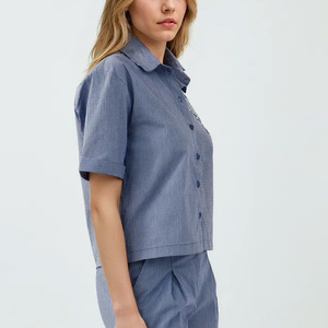 เสื้อเชิ้ตผ้าคอตตอน100% เรียบๆปักลายลูกปัดสำหรับผู้หญิงเสื้อเบลาส์เข้ารูปแบบลำลองสำหรับฤดูใบไม้ผลิฤดูร้อน - Product Image 3