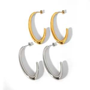 Exaggerated Titanium Steel Thin Fish Hook Stud Earrings 18k Gold Plated Drop Dangle Earrings Oval-Shaped Hollow Stud Earrings