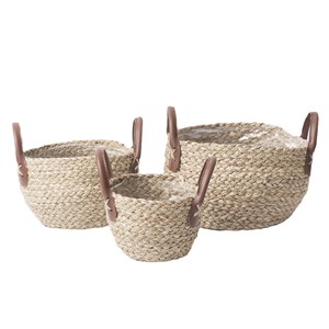 Seaweed Rope Woven <b>Basket</b> With Leather Handles Home Decor Storage <b>Basket</b> <b>For</b> <b>Plants</b> And Fruits - Product Image 4
