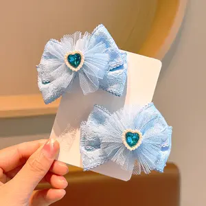 Cute Feather Heart Diamond Pair Hair Clip Hair Accessories For Kids Girls Blue Princess Hair Bows