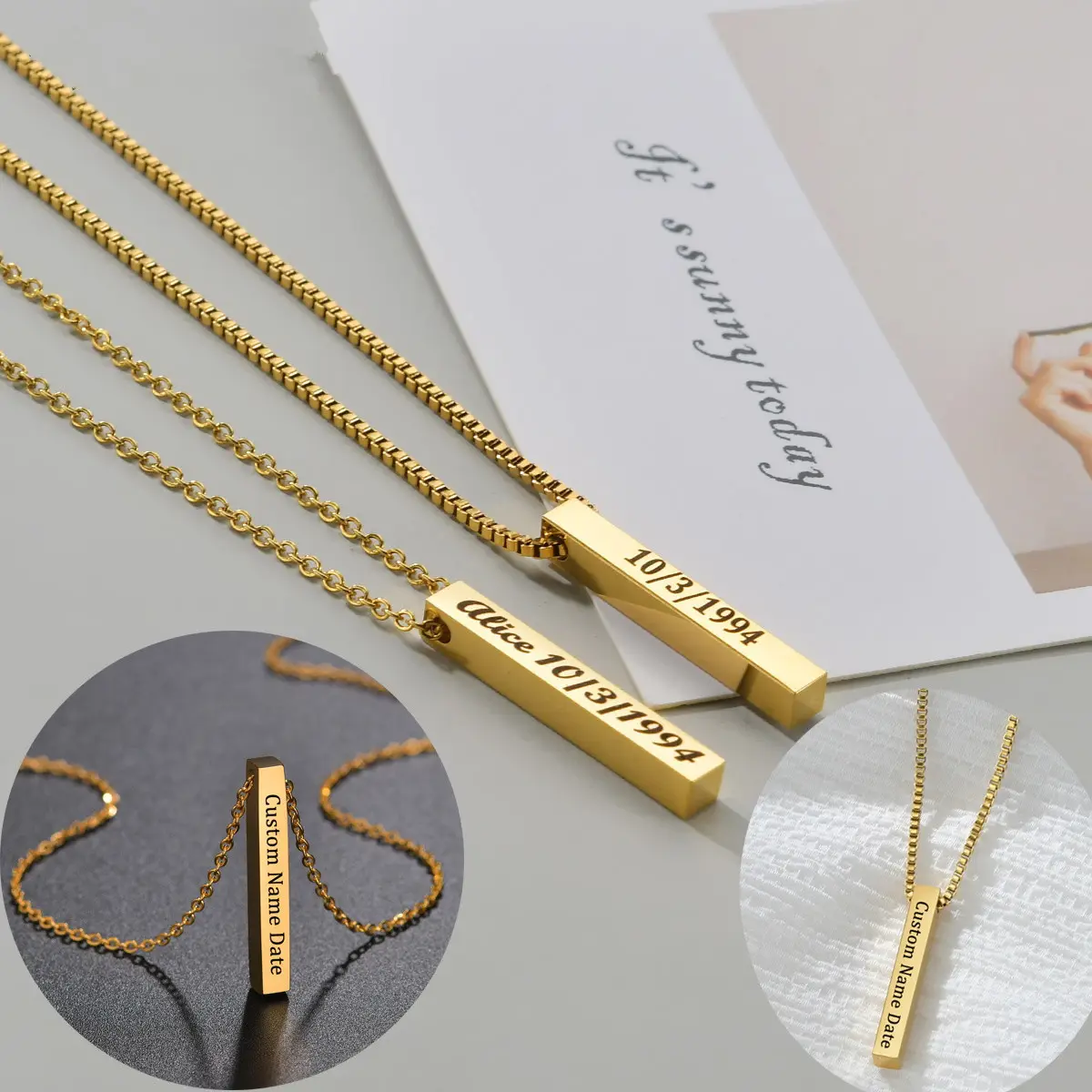 Customized 3D Engraved Name and Date Necklace with Long Rectangular Stainless Steel Pendant
