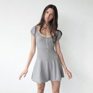 Romantic Sweet Style Solid Natural Digital Printing <b>Button</b> Closure Knitted Puff Sleeve Dress - Product Image 4