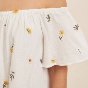 Manufacturer's summer off-shoulder embroidered floral <b>dress</b> custom COTTON GAUZE mini <b>dress</b> with pockets - Product Image 6