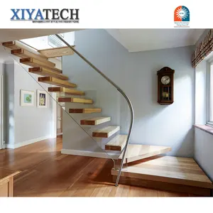 XIYATECH 2023モダンデザインインテリアストレート木製フローティング階段トレッドステップと強化ガラス手すり階段