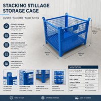 Cage de stockage en fil d'acier robuste OEM, bleue, taille personnalisée, avec loquet de porte basculante et support de levage pour entrepôt et centre de distribution