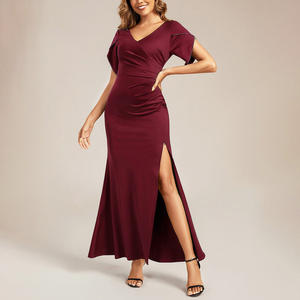 Abito da donna <span class=keywords><strong>bordeaux</strong></span> profondo scollo a V manica corta svasata con perline e arricciato a spacco alto Maxi abito da sera formale - Product Image 1