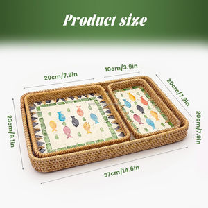 Juego de 3 bandejas de servicio bohemias hechas a mano, cesta de ratán con incrustaciones de perlas madre para cocina, sala de estar, mesa de centro, servicio decorativo - Product Image 5