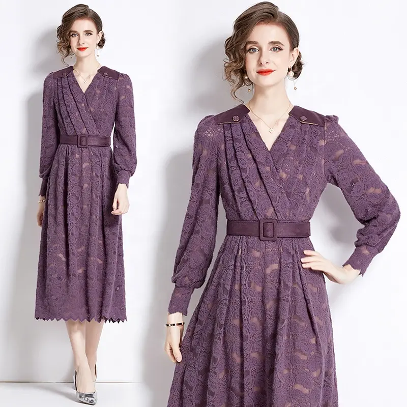 2024 printemps automne et hiver nouveau Style élégant taille cravate à manches longues col en v violet creux dentelle robe