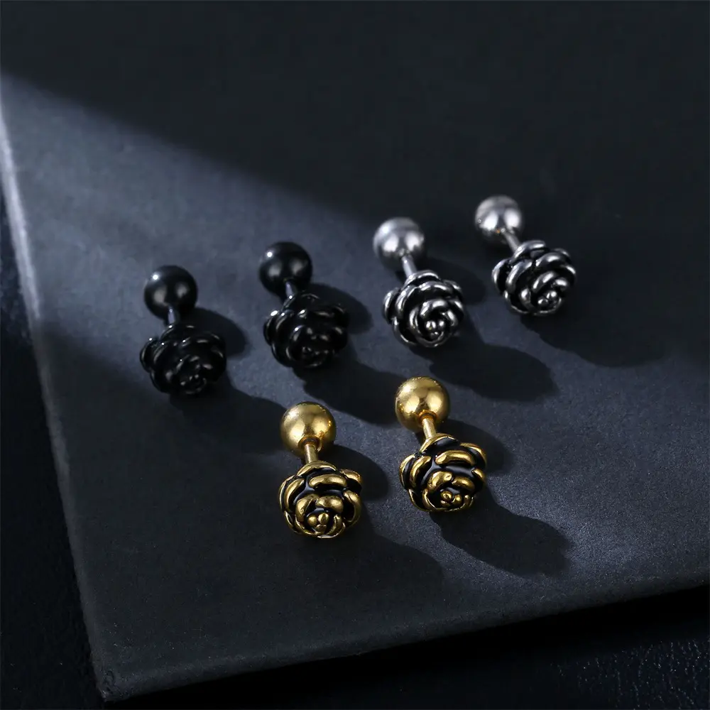 New Design Mini Stud Earrings Antique 18K Gold Plated Stainless Steel Rose Flower Fine Jewelry Earrings Women