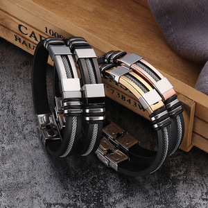 Bracelet en silicone noir de haute qualité pour hommes, style hip-hop, en acier titane, bracelet punk en acier inoxydable, bracelet en caoutchouc argenté pour hommes, vente en gros - Product Image 4