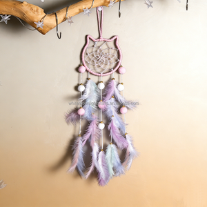 <span class=keywords><strong>Attrape</strong></span>-rêves bohème fait main |   Décoration murale <span class=keywords><strong>en</strong></span> <span class=keywords><strong>macramé</strong></span> avec breloques chat, lune, étoile et plumes pour chambre d'enfant, décoration de crèche - Product Image 3