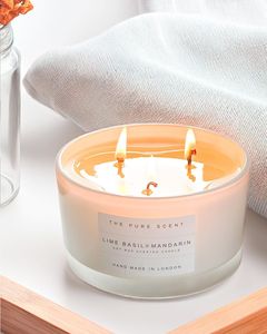 LANJO Wholesale Private <b>Label</b> White Transparent 12oz 14oz Large Glass <b>Jar</b> 3 Wick 100% Soy Wax Scented Candle with Wooden Lids - Product Image 5