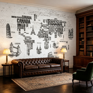 Papel Tapiz Mural con Diseño de Mapa Mundial y Lugares Emblemáticos, Impresión Digital, Fondo de Ladrillo <span class=keywords><strong>Blanco</strong></span>, Papel Tapiz para Decoración de Oficinas, Viajes y Hostales - Product Image 1