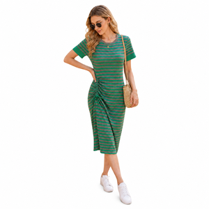 Vestido Midi de Punto a Rayas Verdes para Mujer, Manga Corta, Cuello Redondo, Fruncido, Ajustado, Informal, de Verano, Transpirable, de Algodón - Product Image 1