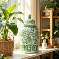 Pot à couvercle en porcelaine chinoise vintage vert et rouge sous glaçure, fait main, motif floral, pour la décoration intérieure