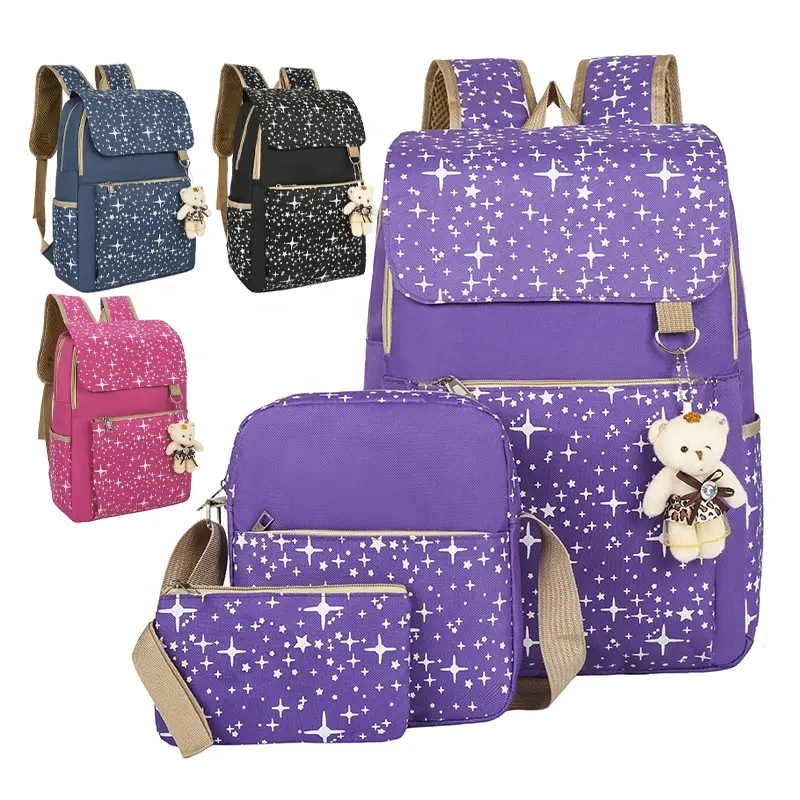 Fashion Women Large Capacity Oxford Scratch Resistant Waterproof Star Printing Travel Backpack School Bags Set