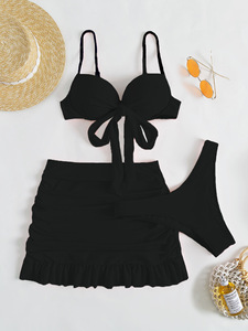 Hot Selling Solid Color Three Piece <b>Bikini</b> Set <b>Skirted</b> Backless Swimsuit Women Beach Bathing Suit - Product Image 3