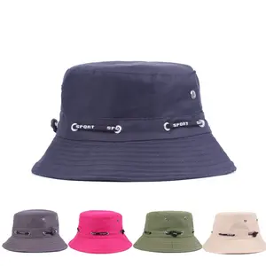 Sombrero de pescador de ala ancha con etiqueta privada bordada personalizada, gorra de pescador con protección solar lisa con cuerda