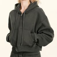 Sweatshirt Hoodie Crop Warna Solid Vintage dengan Ritsleting untuk Wanita, Ukuran Oversize, Gaya Streetwear Chic, Jaket Kasual