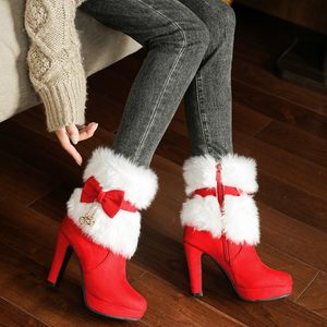 Haute qualité femmes fourrure doublé noël <span class=keywords><strong>bottines</strong></span> gros <span class=keywords><strong>talon</strong></span> haut nœud noeud fermeture éclair latérale bout rond talons hauts chaussons - Product Image 2
